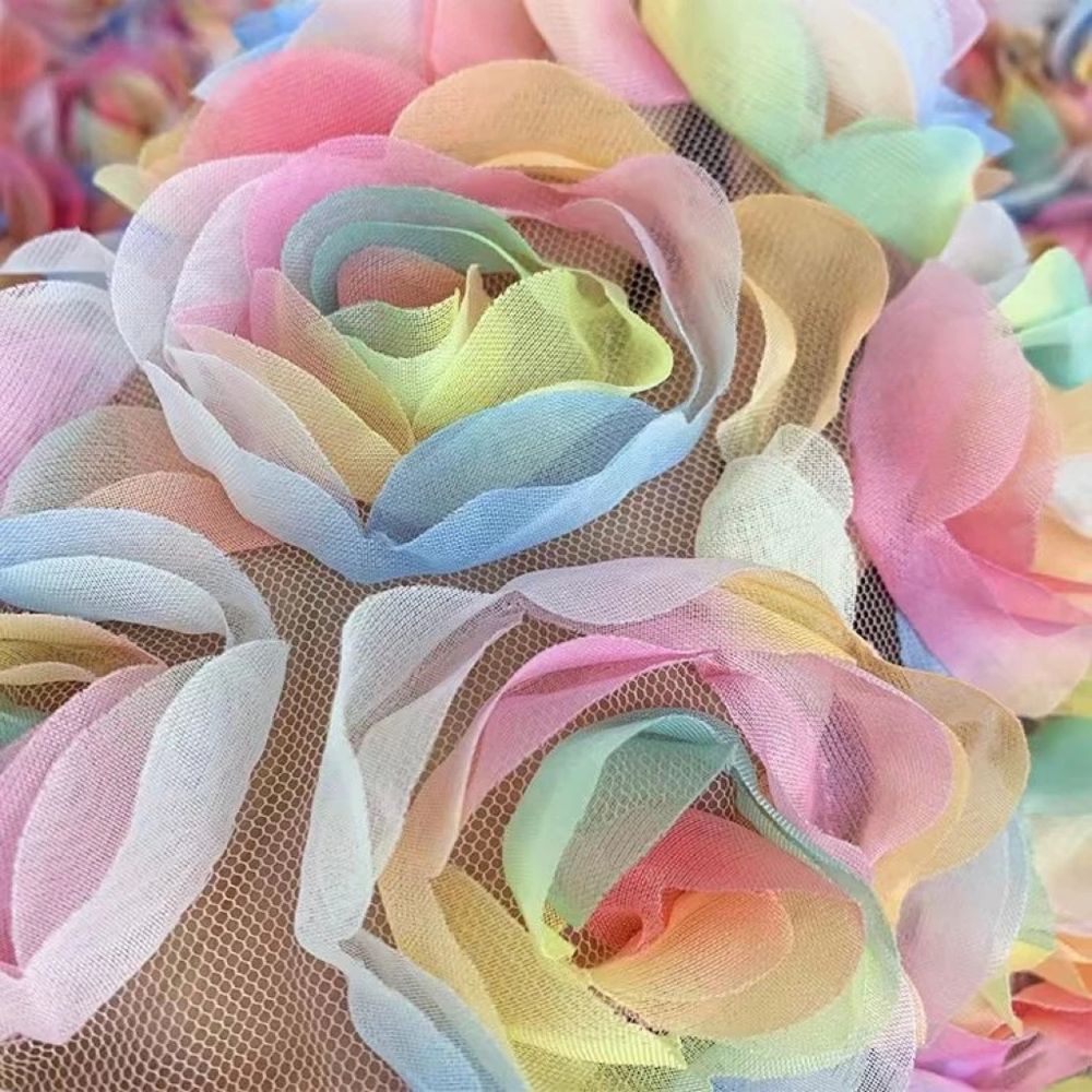 3D Rainbow Rose Tulle Fabric, Colorful 3D Flower Mesh Lace Fabric for Wedding Dress, Evening Gown, DIY Craft, 1 Yard