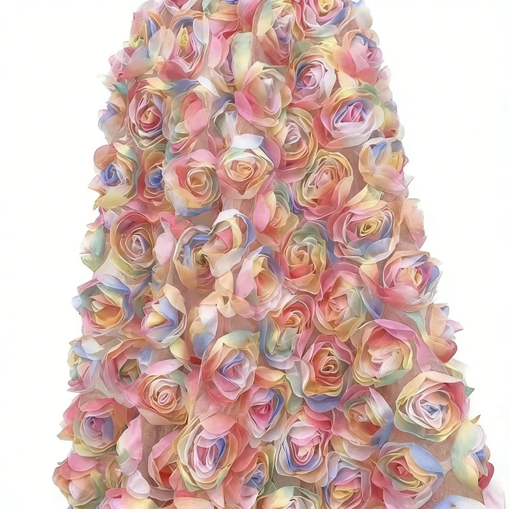 3D Rainbow Rose Tulle Fabric, Colorful 3D Flower Mesh Lace Fabric for Wedding Dress, Evening Gown, DIY Craft, 1 Yard