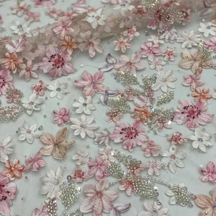 Pink 3D Flower Embroidery Sheer Mesh Fabric, Sparkly Sequin Lace for Bridal Dress, Evening Gown, DIY Sewing, 1 Yard