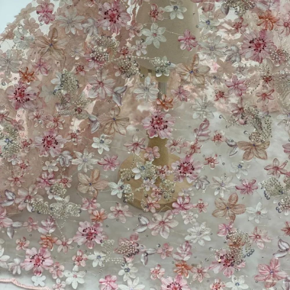 Pink 3D Flower Embroidery Sheer Mesh Fabric, Sparkly Sequin Lace for Bridal Dress, Evening Gown, DIY Sewing, 1 Yard
