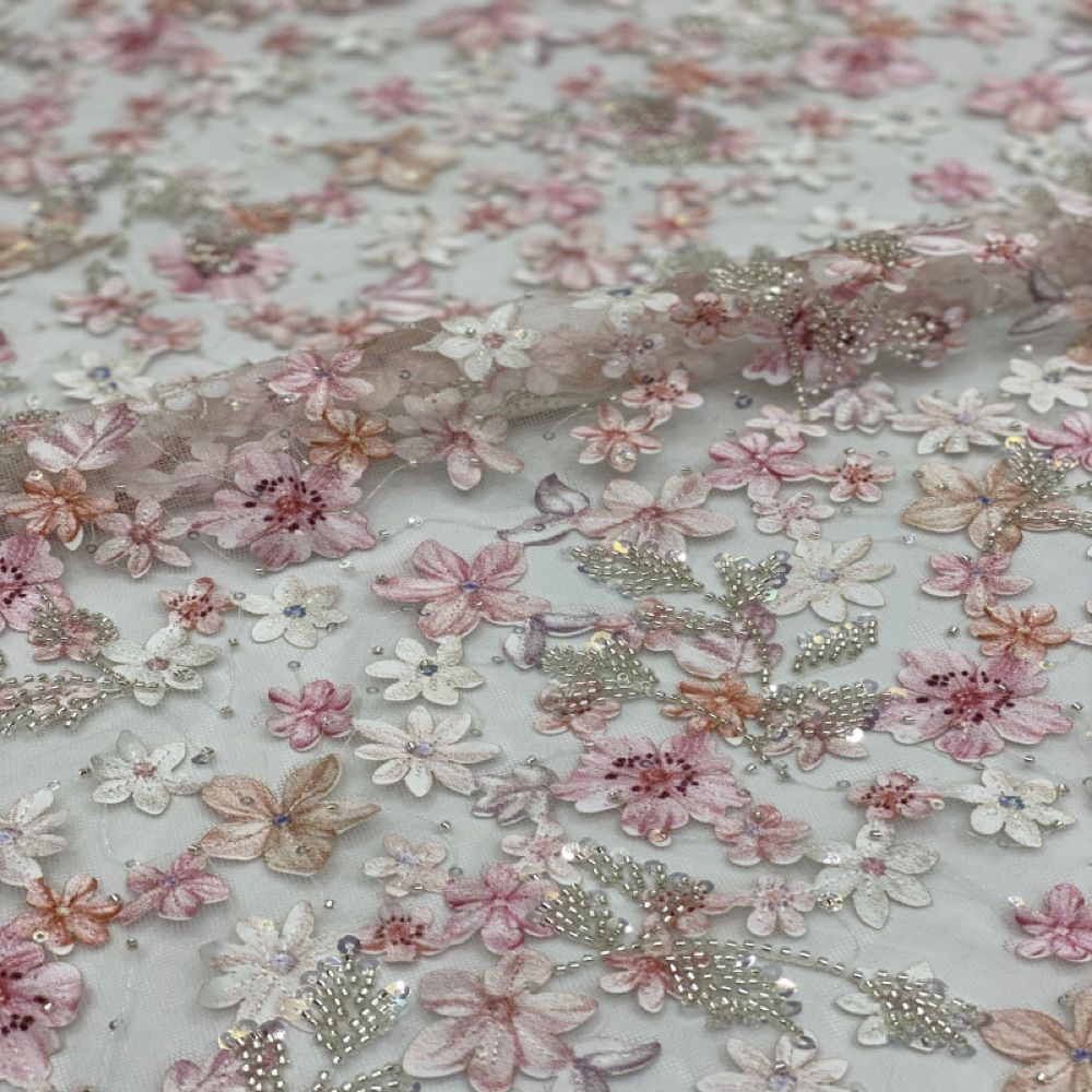 Pink 3D Flower Embroidery Sheer Mesh Fabric, Sparkly Sequin Lace for Bridal Dress, Evening Gown, DIY Sewing, 1 Yard