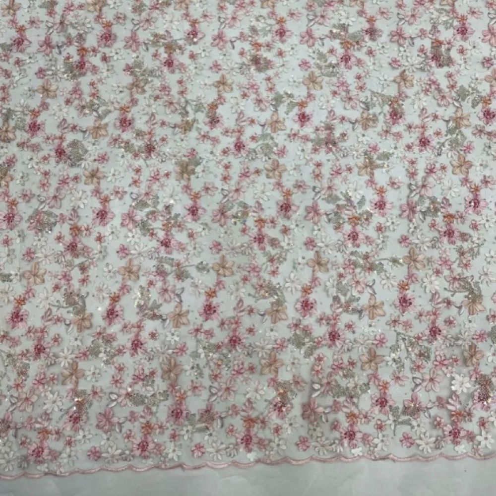 Pink 3D Flower Embroidery Sheer Mesh Fabric, Sparkly Sequin Lace for Bridal Dress, Evening Gown, DIY Sewing, 1 Yard