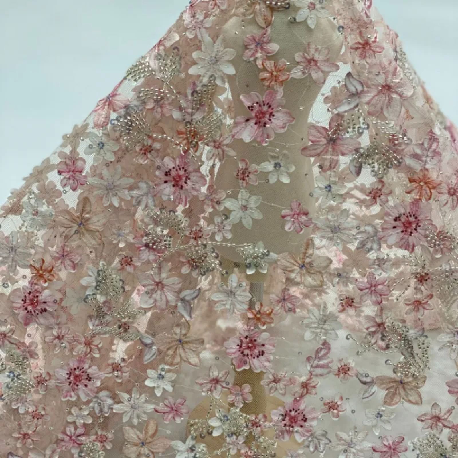 Pink 3D Flower Embroidery Sheer Mesh Fabric, Sparkly Sequin Lace for Bridal Dress, Evening Gown, DIY Sewing, 1 Yard