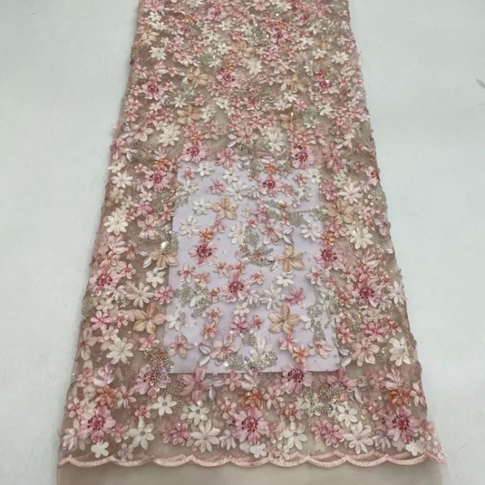 Pink 3D Flower Embroidery Sheer Mesh Fabric, Sparkly Sequin Lace for Bridal Dress, Evening Gown, DIY Sewing, 1 Yard