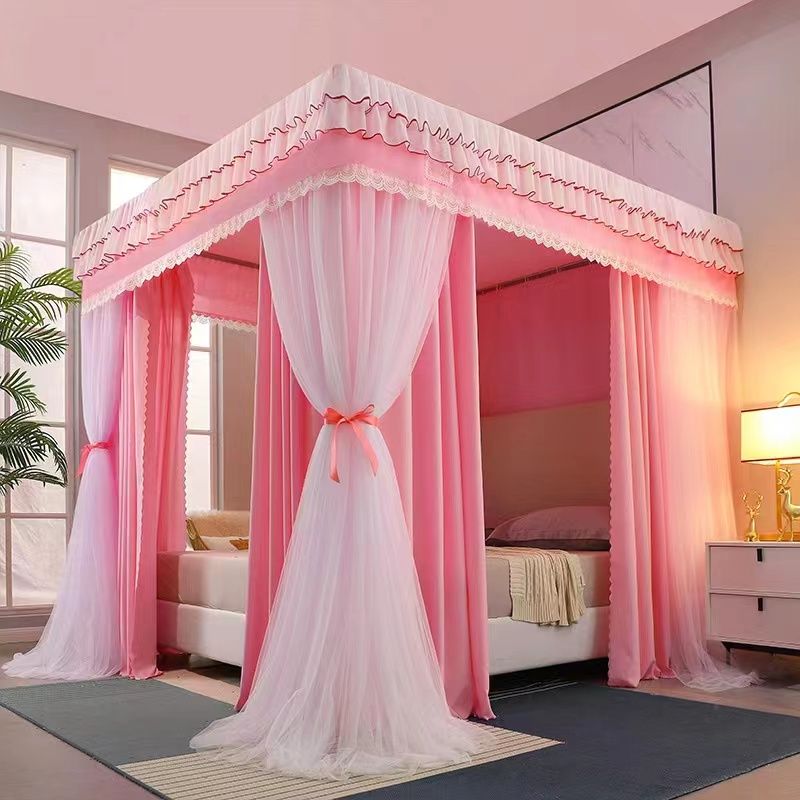 Size 6 by 6 Fancy Canopy 4 Stand Bedroom Mosquito, Net With  Stainless Steel Brackets Princess Room Decorative Bed Curtain.