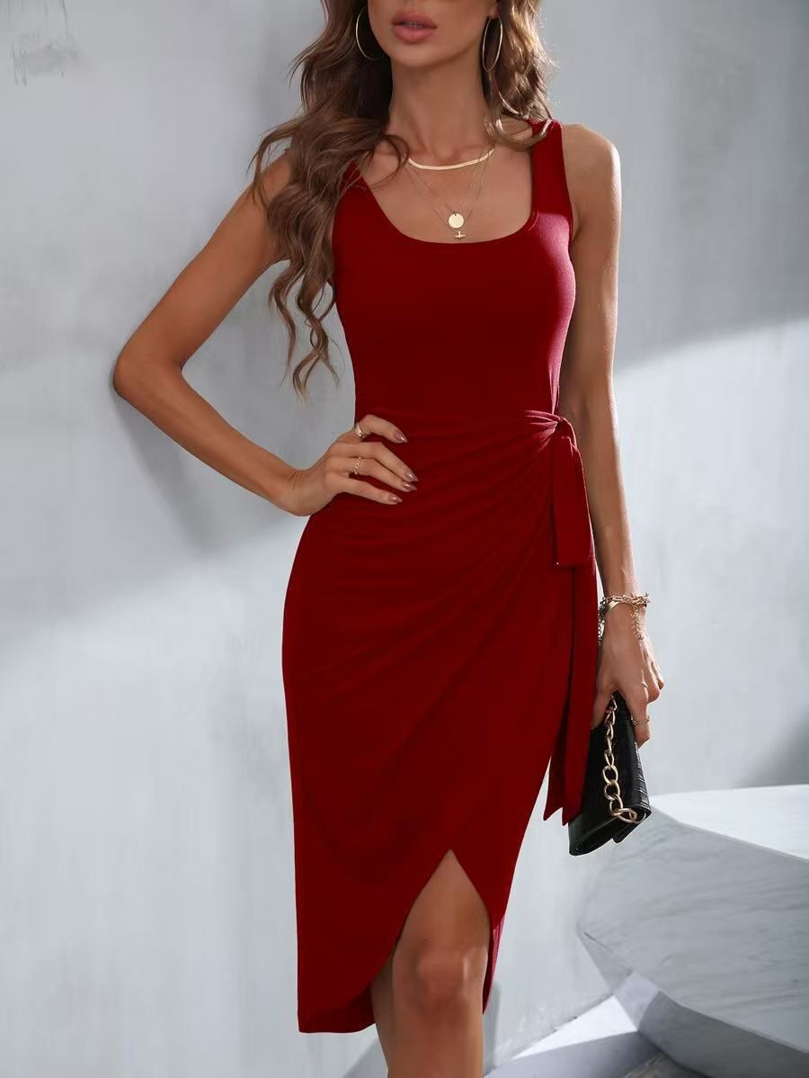 Hot Sale Women Summer Sleeveless Square Neck Dress, Waist Tie Slim Fit Split Midi Long Dress Trending Fashion Ladies Daily Casual Party Dress