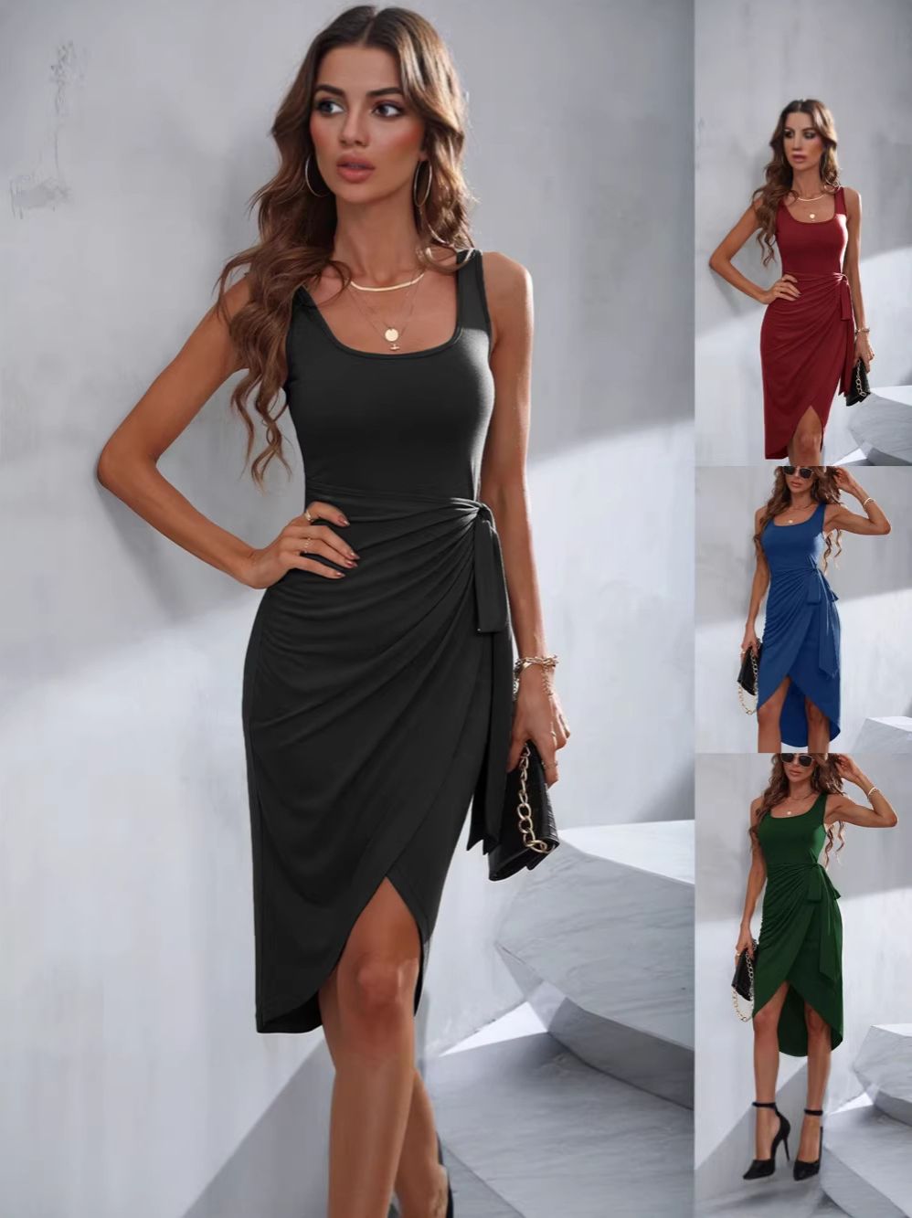 Hot Sale Women Summer Sleeveless Square Neck Dress, Waist Tie Slim Fit Split Midi Long Dress Trending Fashion Ladies Daily Casual Party Dress