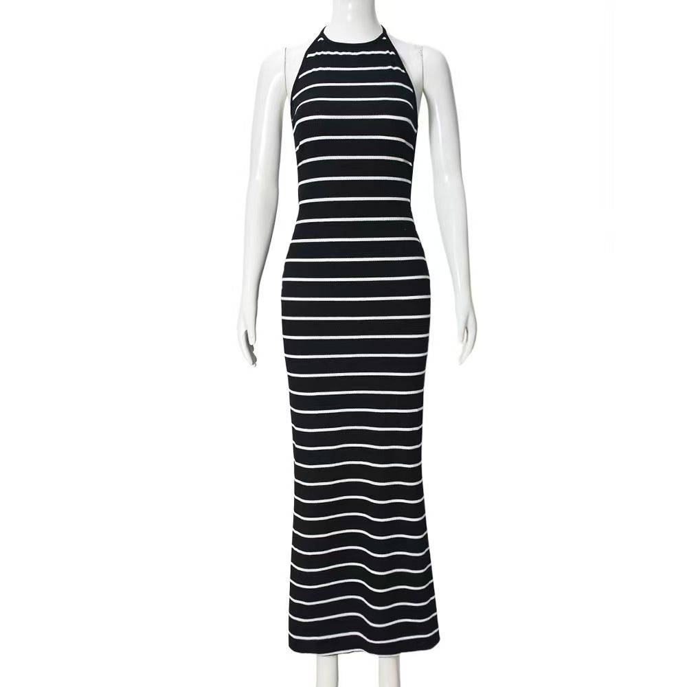 Women Sleeveless O-neck Halter Backless Long Dress Summer Striped Print Evening Sexy Night Club Party Dresses Vestidos