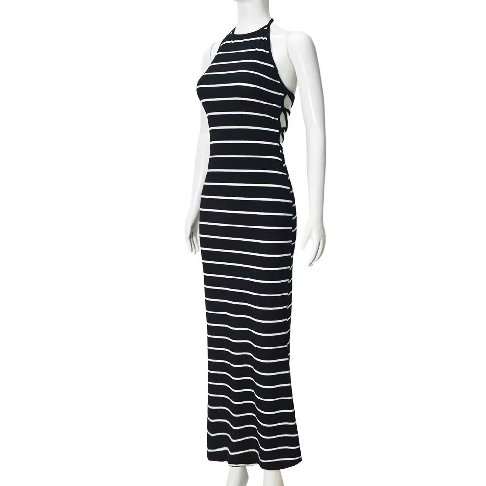 Women Sleeveless O-neck Halter Backless Long Dress Summer Striped Print Evening Sexy Night Club Party Dresses Vestidos