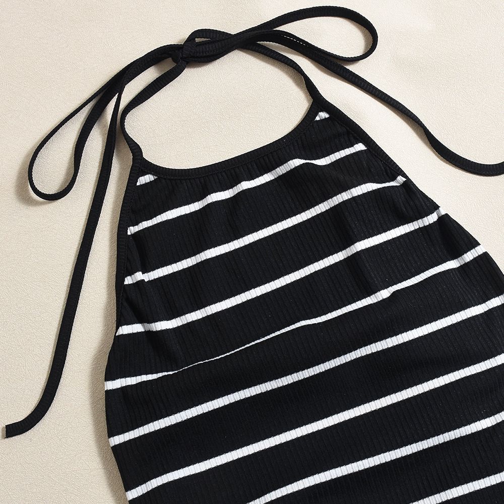 Women Sleeveless O-neck Halter Backless Long Dress Summer Striped Print Evening Sexy Night Club Party Dresses Vestidos