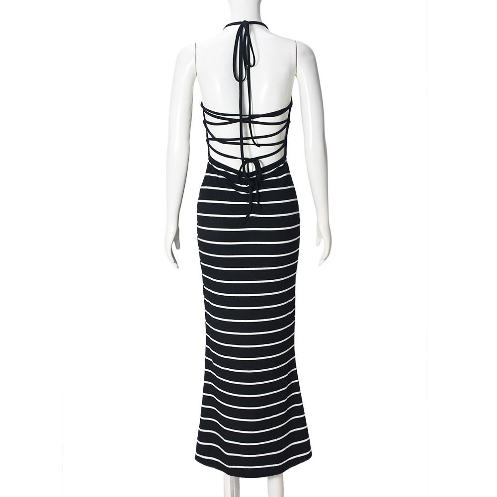 Women Sleeveless O-neck Halter Backless Long Dress Summer Striped Print Evening Sexy Night Club Party Dresses Vestidos