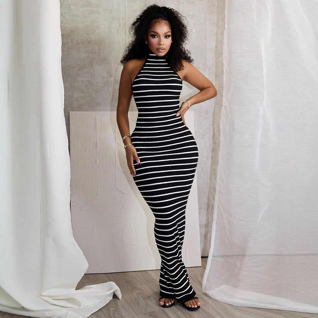 Women Sleeveless O-neck Halter Backless Long Dress Summer Striped Print Evening Sexy Night Club Party Dresses Vestidos