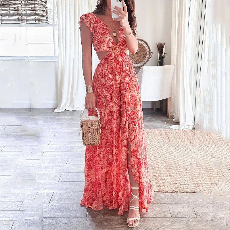 Women Printed Dress  Spring New Arrival European American Style V-Neck Ruffle Split Hem Dress Fashion Casual Party Dresses for Ladies