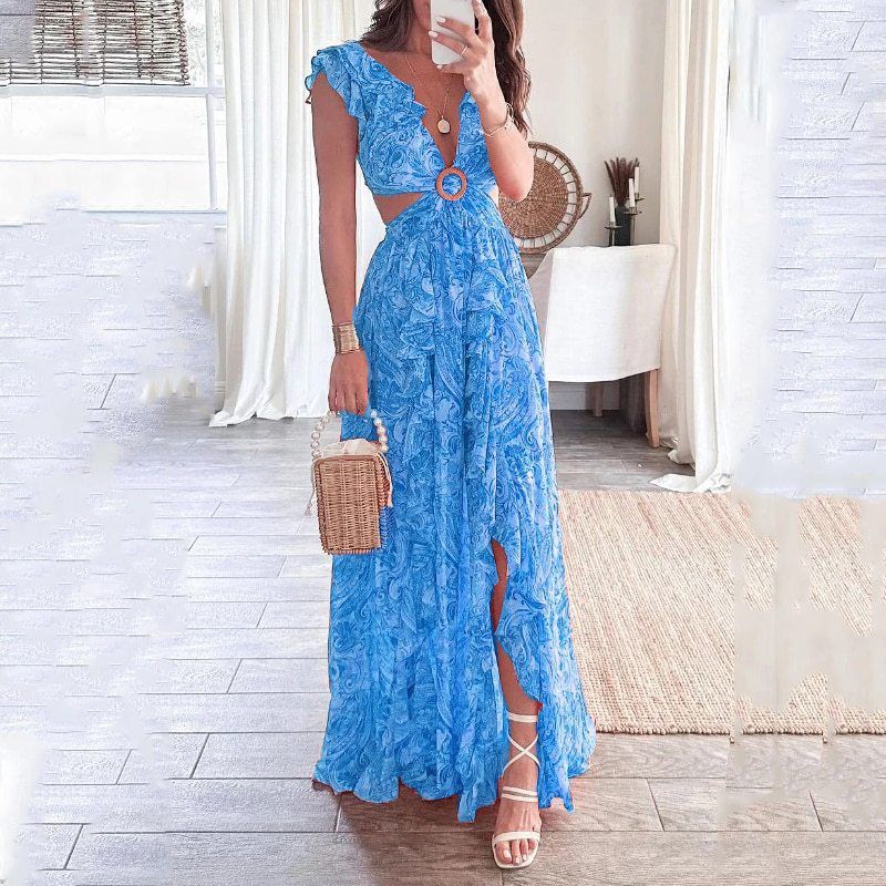 Women Printed Dress  Spring New Arrival European American Style V-Neck Ruffle Split Hem Dress Fashion Casual Party Dresses for Ladies