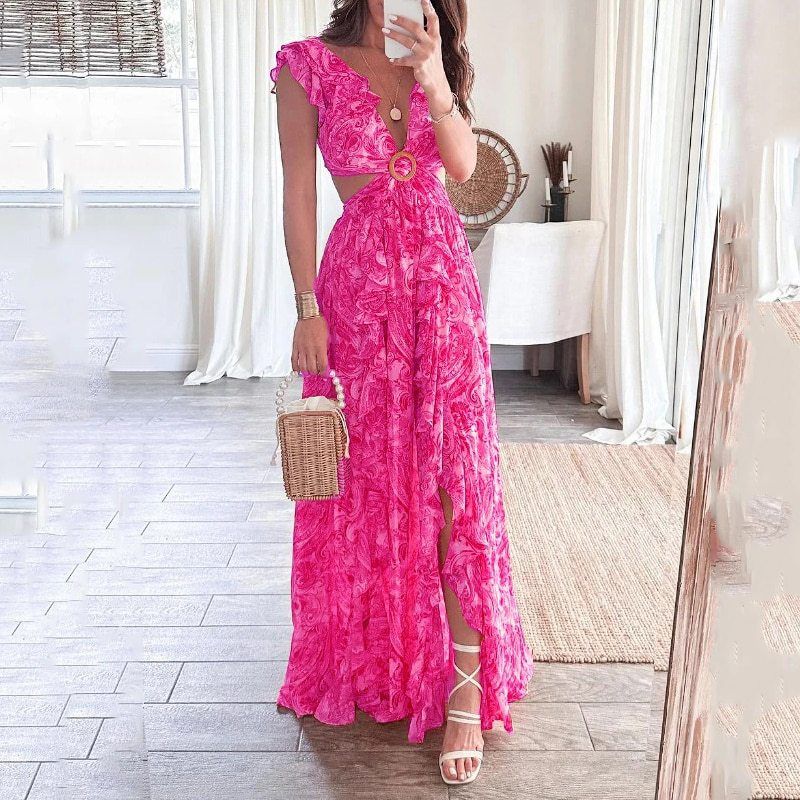 Women Printed Dress  Spring New Arrival European American Style V-Neck Ruffle Split Hem Dress Fashion Casual Party Dresses for Ladies