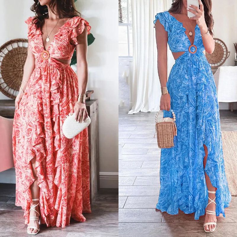 Women Printed Dress  Spring New Arrival European American Style V-Neck Ruffle Split Hem Dress Fashion Casual Party Dresses for Ladies