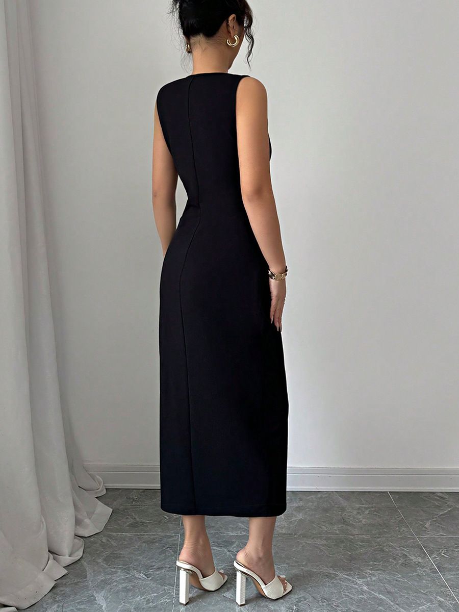 Women  Dress  Summer European American Style Bow Sleeveless Slit Pencil Dress Slim Fit Casual Party Wear for Ladies