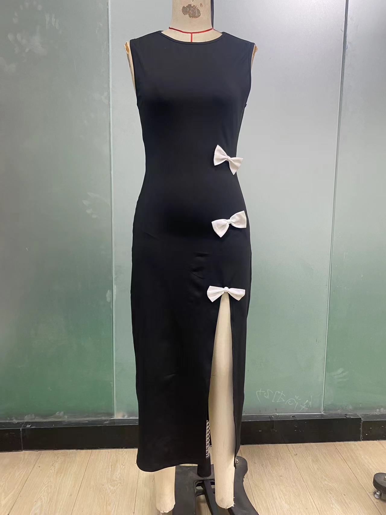 Women  Dress  Summer European American Style Bow Sleeveless Slit Pencil Dress Slim Fit Casual Party Wear for Ladies