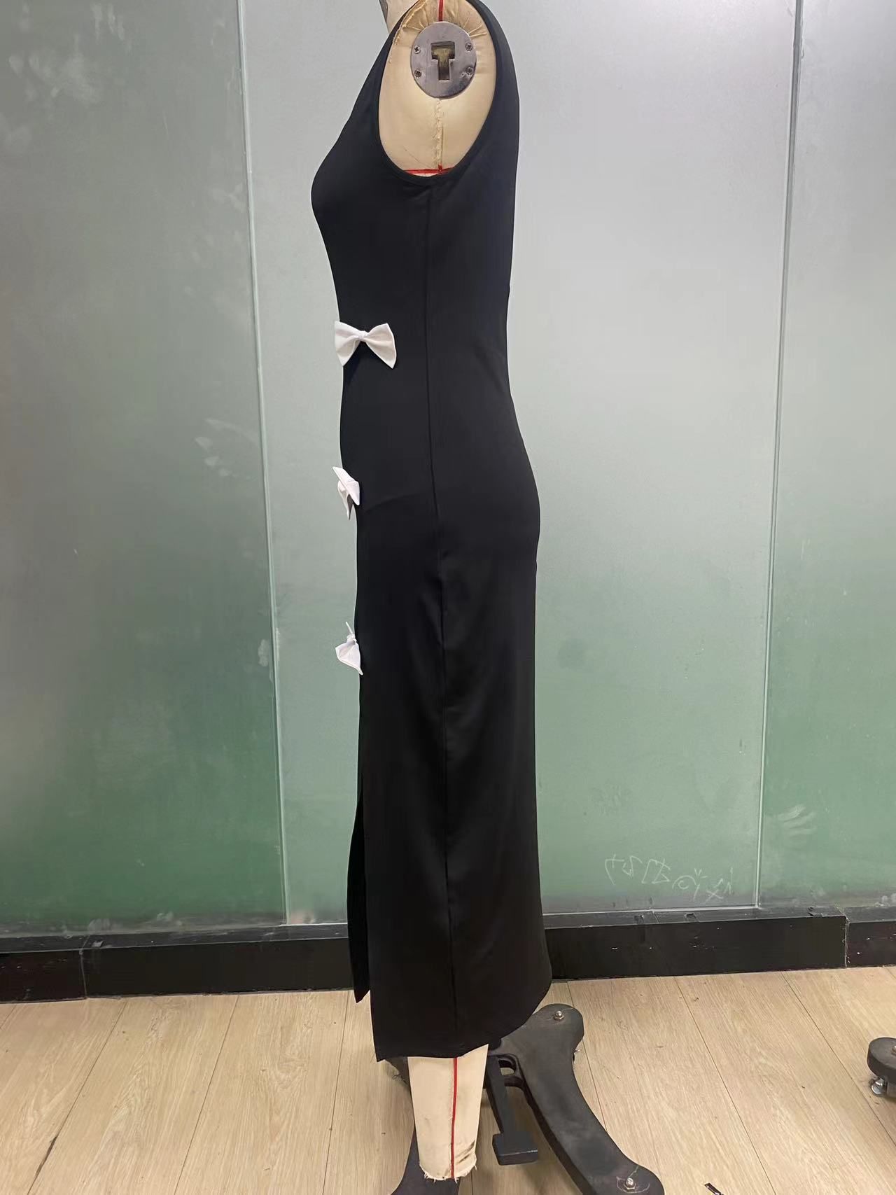 Women  Dress  Summer European American Style Bow Sleeveless Slit Pencil Dress Slim Fit Casual Party Wear for Ladies