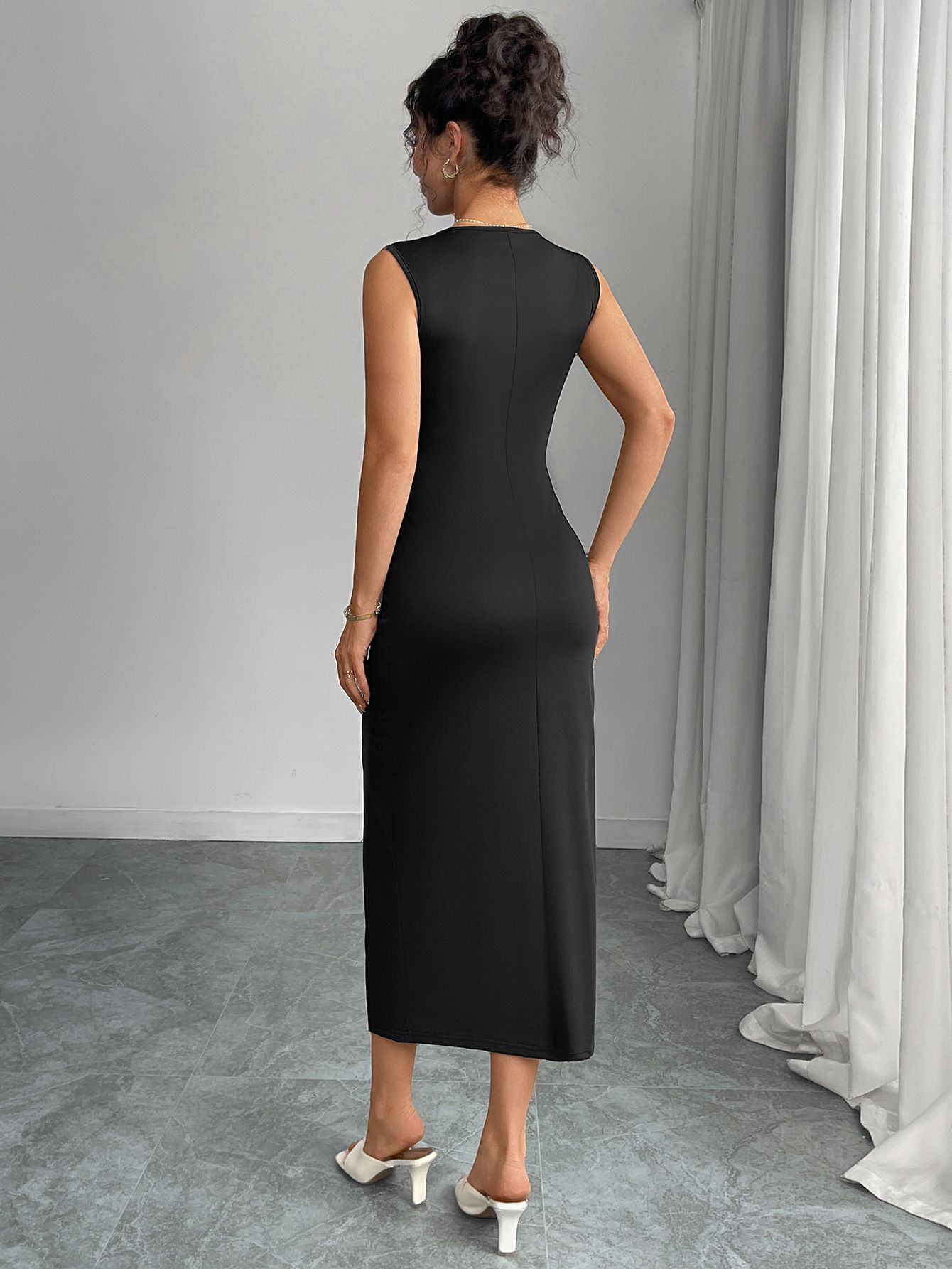 Women  Dress  Summer European American Style Bow Sleeveless Slit Pencil Dress Slim Fit Casual Party Wear for Ladies
