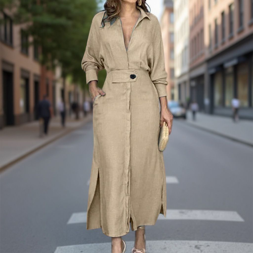New Summer Women Strap Long Sleeve Irregular Shirt Dress Lady Solid High Waist V-neck Slit Slip Long Dress Sky Blue Khaki White