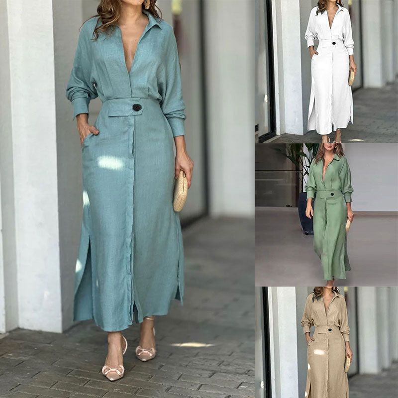New Summer Women Strap Long Sleeve Irregular Shirt Dress Lady Solid High Waist V-neck Slit Slip Long Dress Sky Blue Khaki White