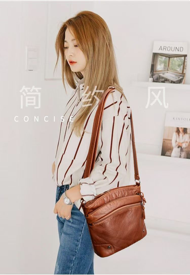 new fashion cross-body bag retro soft leather multi-layer zipper single-shoulder bag leisure shopping women's leather bag