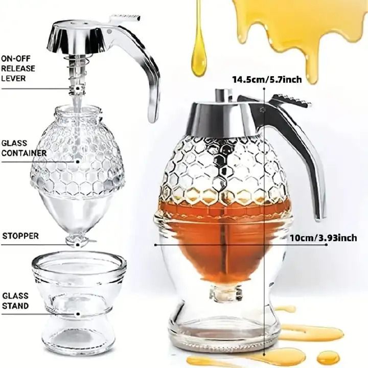 HIGH SELLING Honey Dispenser – No Drip Glass with Stand – Honey Jar – Clear acrylic Honey Container with Dipper – Maple Syrup Dispenser – Honey Pot with Stand – Honey Bottle with Flip Top Lid✔✔✔