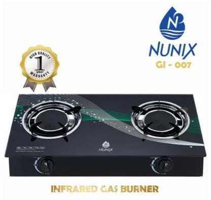 NUNIX  2 Burner Glass Cooktop (GL-007) with Low Gas Consumption Auto ignition system, Durable Stainless Steel Body, and Brass Fire Cover Against High-Temperature Deformation