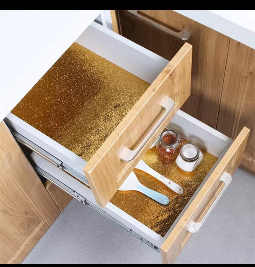 Gold Aluminium Foil Kitchen Table Top Liner – Self-Adhesive Waterproof Oil-Proof Counter & Cabinet Protector – 60cm × 500cm