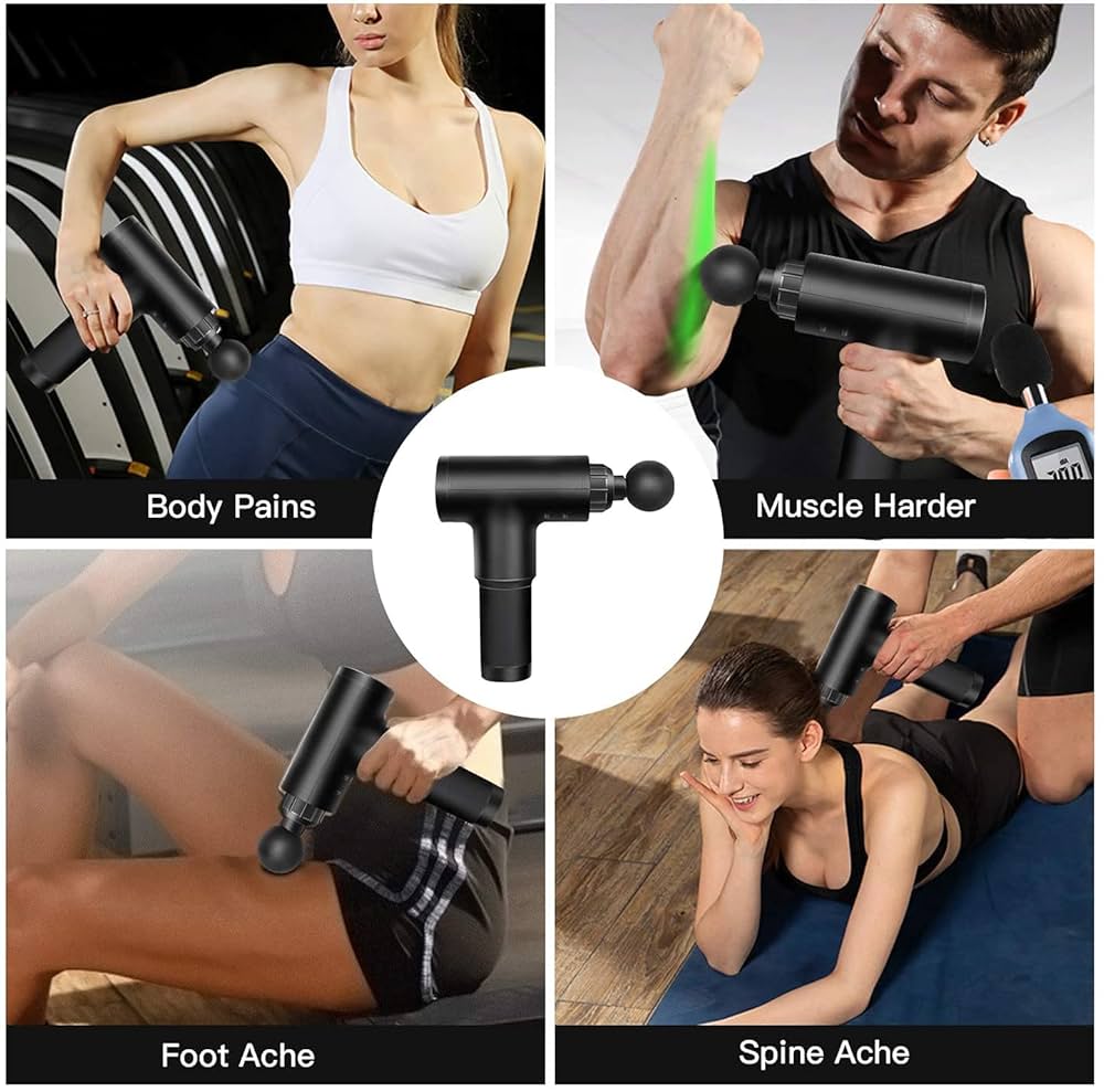 6-Speed Rechargeable Massage Gun – Deep Tissue Muscle Massager with 4 Interchangeable Heads (Available in 4 Colours with Golden Ring Design)