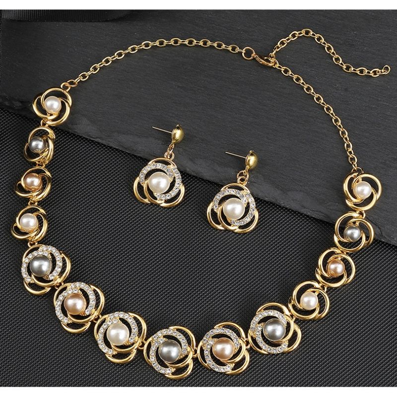European and American Style Faux Pearl Necklace & Earrings Set for Women Elegant Alloy Fashion Jewelry Perfect Bridal Accessories for Wedding Banquet & Evening Formal Dresses