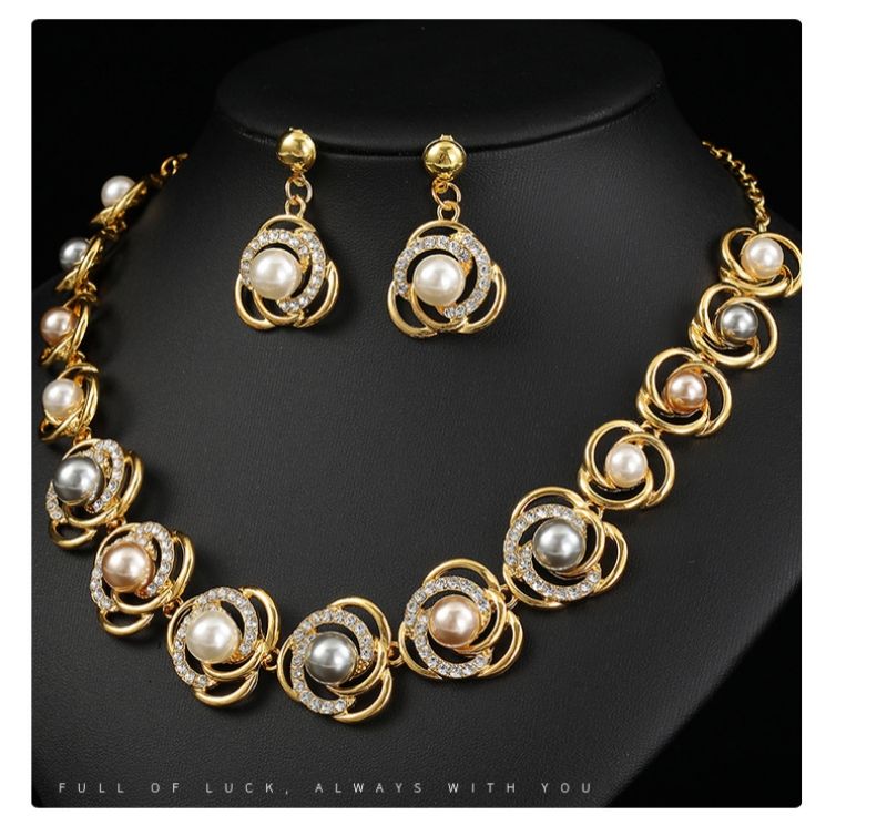 European and American Style Faux Pearl Necklace & Earrings Set for Women Elegant Alloy Fashion Jewelry Perfect Bridal Accessories for Wedding Banquet & Evening Formal Dresses