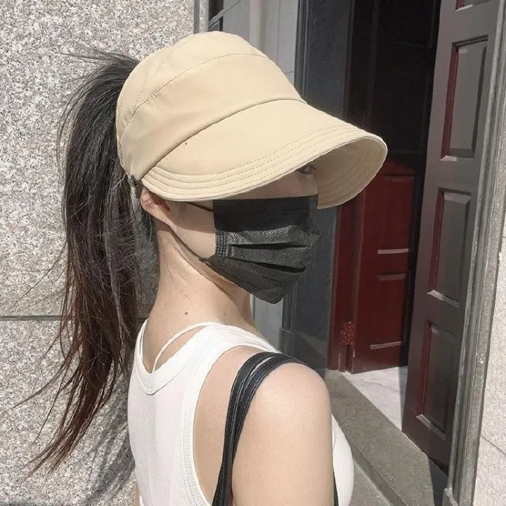 High ponytail sun hat for women, versatile summer style, makes face look smaller, can hang a mask, open-top sun visor cap, sun hat