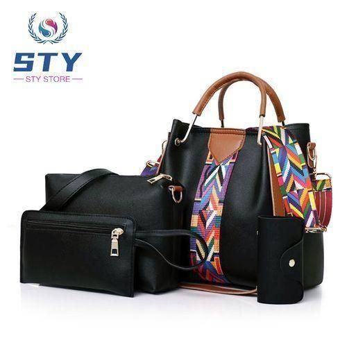 STY 4 In 1 Bag Set Ladies Handbags Women Shoulder Bags Wallet PU Synthetic Leather-Black