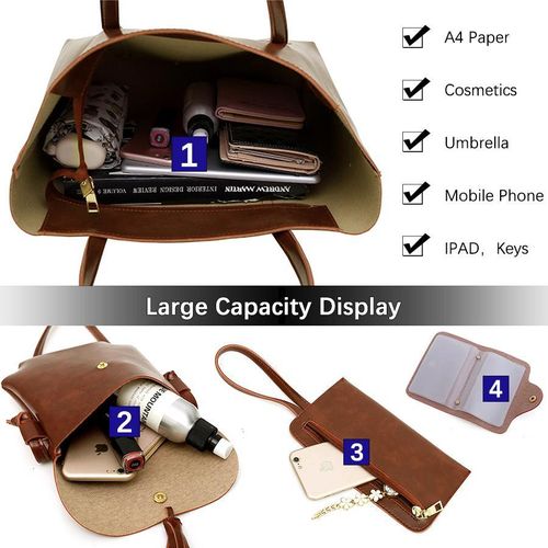 STY 4 In 1 Ladies Handbag Cross-body Bag Purse Card Case Set PU Synthetic Leather Bag - Black