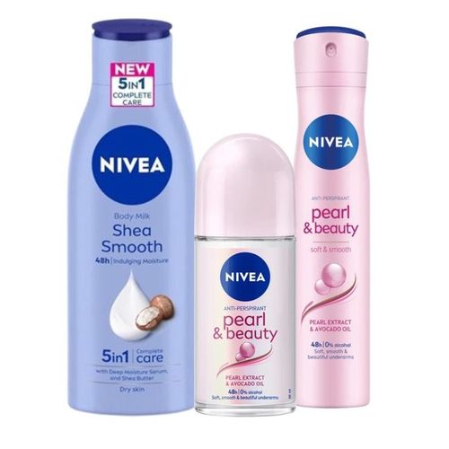 NIVEA Shea Smooth Body Lotion 400ml + Deo Pearl & Beauty Aerosol 150ml + Pearl & Beauty Roll On 50ml