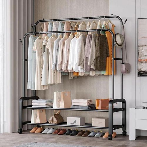 Carbon Steel Double Pole Coat Rack Indoor Bedroom Clothes drying Rail Balcony Hanging Clothes Shoes Rack Standing Storage Organizer - White