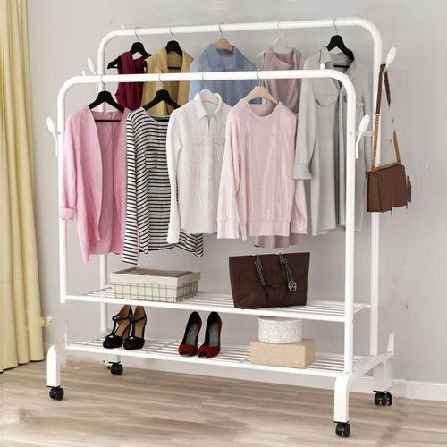 Carbon Steel Double Pole Coat Rack Indoor Bedroom Clothes drying Rail Balcony Hanging Clothes Shoes Rack Standing Storage Organizer - White