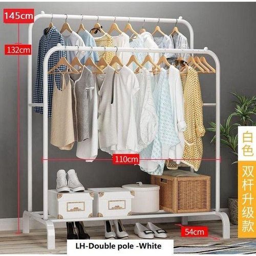 Carbon Steel Double Pole Coat Rack Indoor Bedroom Clothes drying Rail Balcony Hanging Clothes Shoes Rack Standing Storage Organizer - White