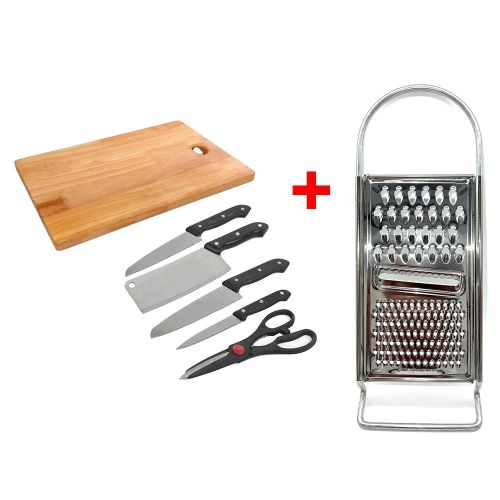 6-Piece Kitchen Knife Set With Wooden Chopping Board & Stainless Steel Grater - Silver & Black