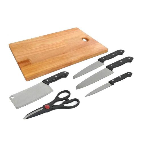 6-Piece Kitchen Knife Set With Wooden Chopping Board & Stainless Steel Grater - Silver & Black