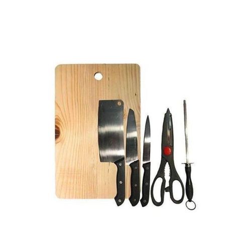 6-Piece Kitchen Knife Set With Wooden Chopping Board & Stainless Steel Grater - Silver & Black