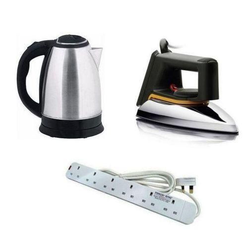 Bundle Of  Flat Iron, Kettle Pacolater 2 Ltr & 6Way Extension Cable - Silver