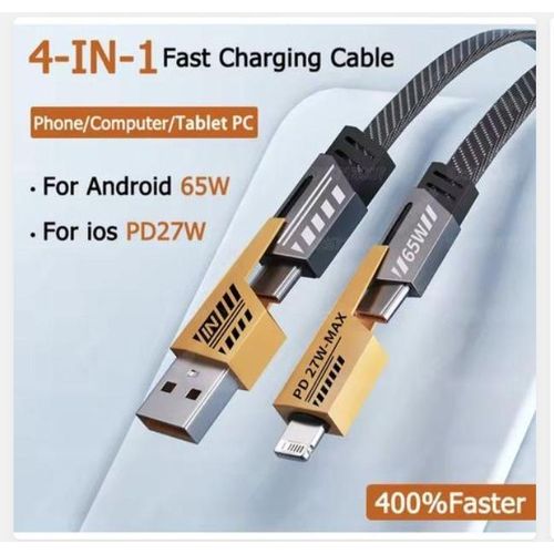 Goldplus 4-in-1 USB Charging Cable – 65W Super Fast Charger IPhone, IPad, MacBook, Android, Samsung Compatible Durable & Tangle-Free – Black