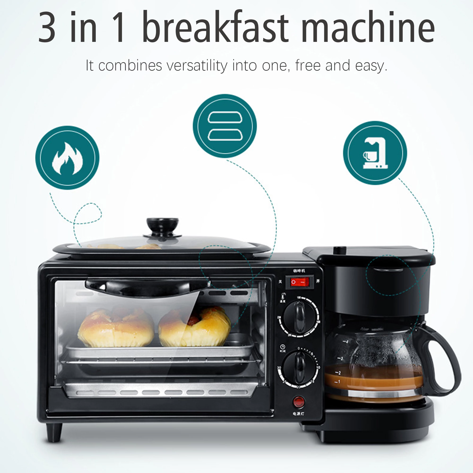 3 in 1 Breakfast Maker With Toast Oven - Black