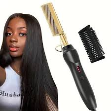 Hot Comb Hair Straightener, 2 in1 Ceramic Comb Security Portable Curling Iron Heated Brush, Multifunctional Copper Hair Straightener Brush Straightening Comb for Wet & Dry Hair Wigs Women Men Brush