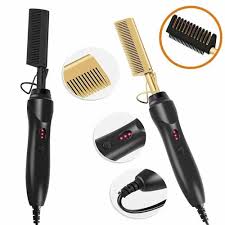 Hot Comb Hair Straightener, 2 in1 Ceramic Comb Security Portable Curling Iron Heated Brush, Multifunctional Copper Hair Straightener Brush Straightening Comb for Wet & Dry Hair Wigs Women Men Brush
