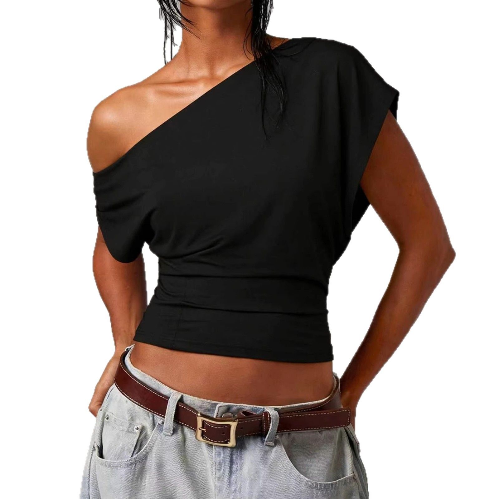 new top design feels pleated, waist-gathering, hot girl's shoulder-dropping, casual women's short-sleeved women's clothes.