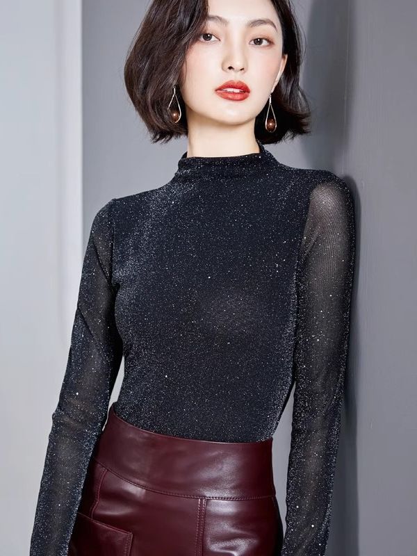 Fashion tulle bottoming shirt women's long-sleeved tulle dress bright silk top slim slimming top